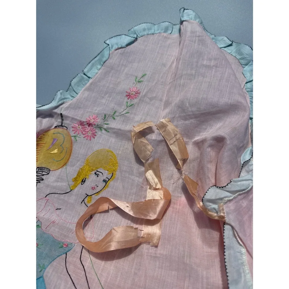 Vintage 1920s Art Deco Tea Apron Hand Painted Flapper Girl Chinoiserie Pink Blue